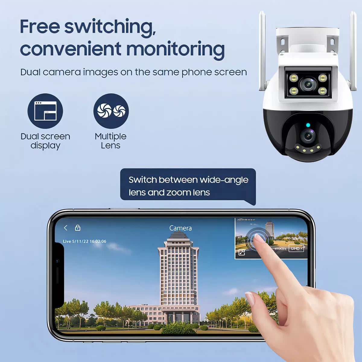 Cámara Doble Lente Vigilancia Wifi 1080p Alarma Inteligente